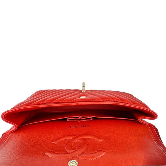 Chanel  Classic Double Flap Medium Chevron Leather Shoulder Bag Orange - Picture 14 of 16